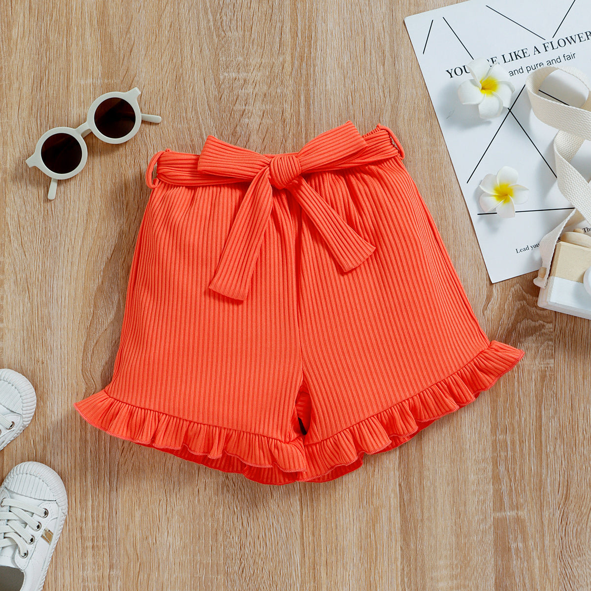Girls Orange Self Design One Shoulder Top with Shorts