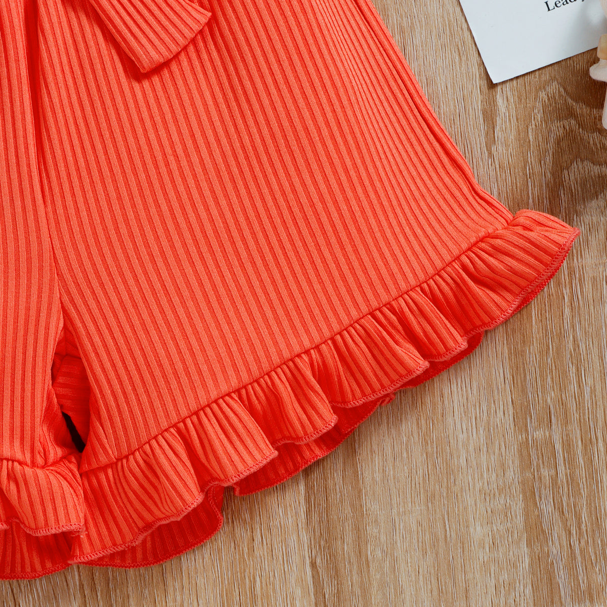 Girls Orange Self Design One Shoulder Top with Shorts