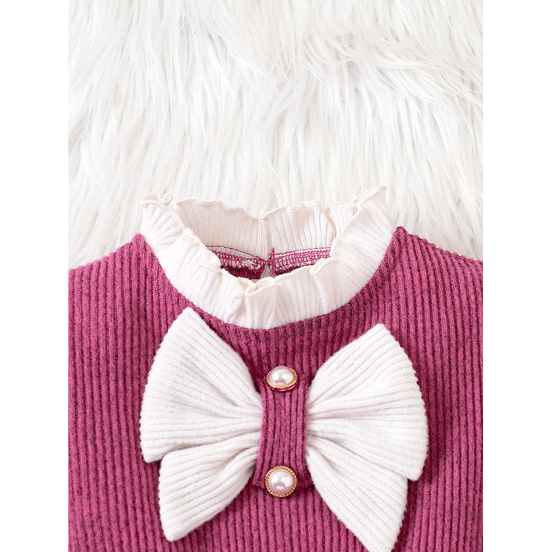Girls Purple Ribbed Bow T-shirt Dress