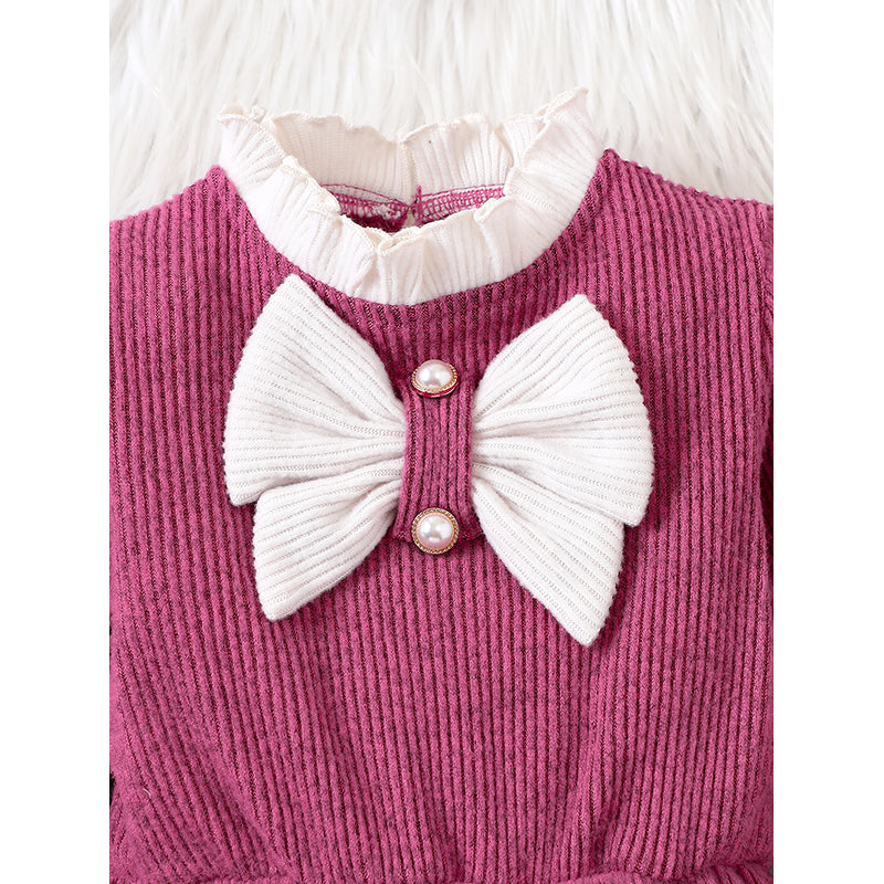 Girls Purple Ribbed Bow T-shirt Dress