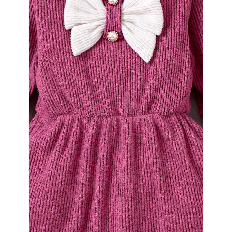 Girls Purple Ribbed Bow T-shirt Dress