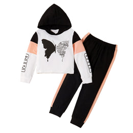 Girls White & Black Printed Hooded T Shirt With Trousers