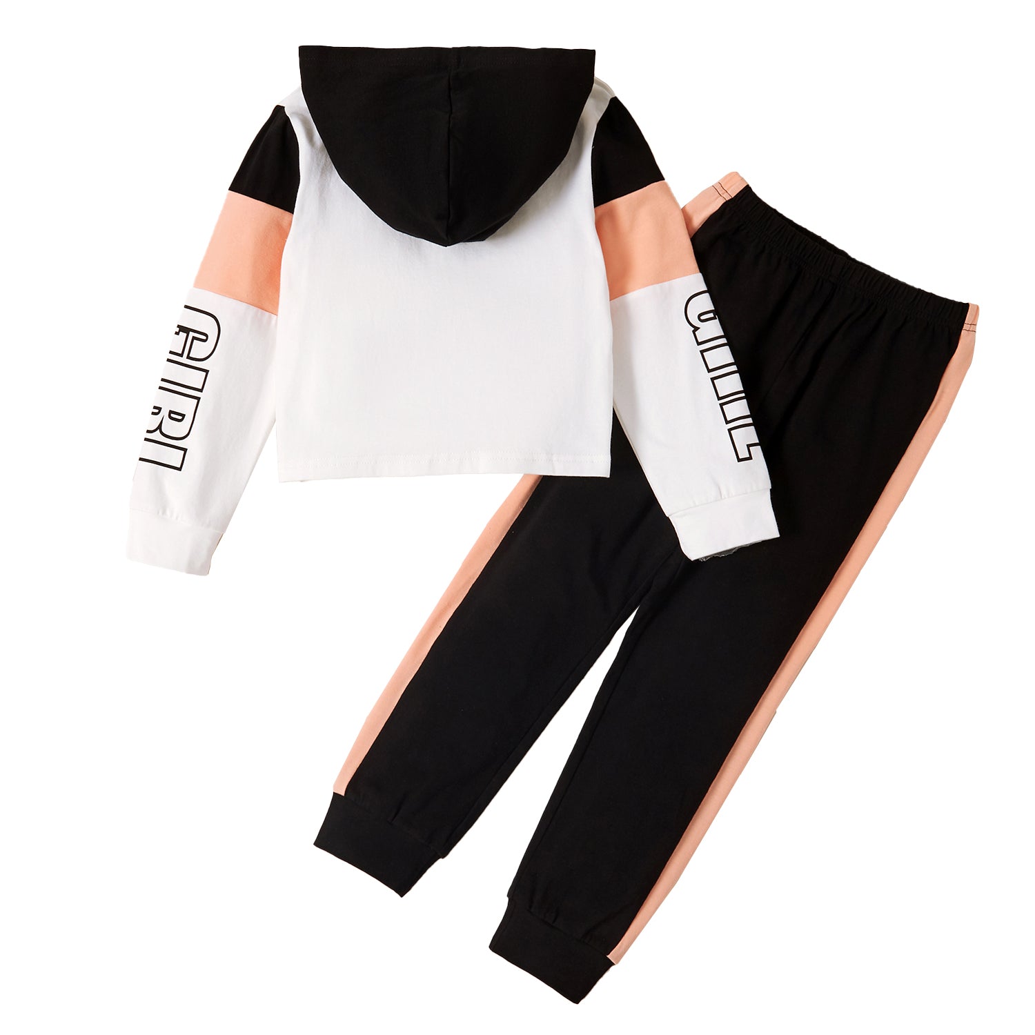 Girls White & Black Printed Hooded T Shirt With Trousers