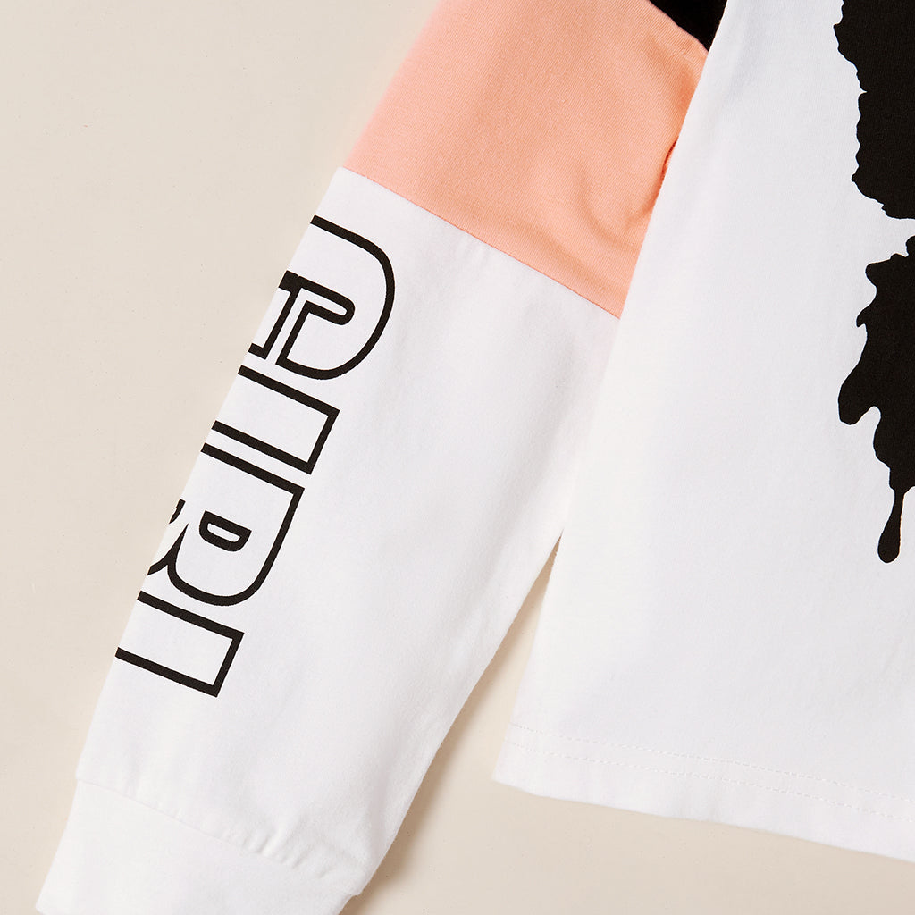 Girls White & Black Printed Hooded T Shirt With Trousers