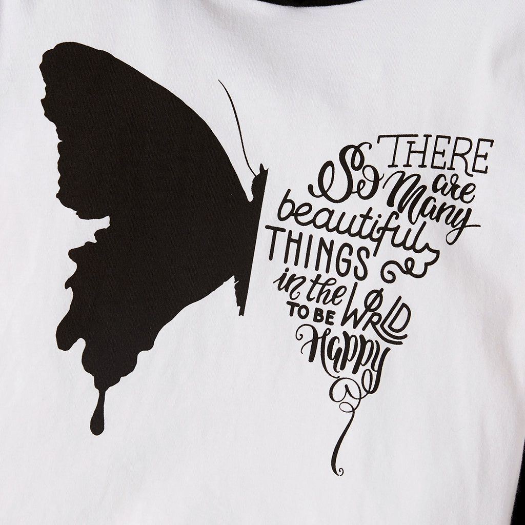 Girls White & Black Printed Hooded T Shirt With Trousers