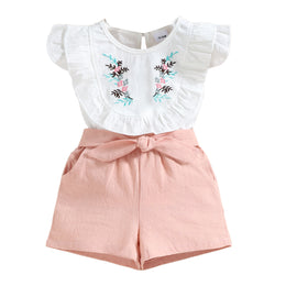 Girls Pink Embroidered Top with Shorts