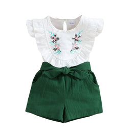 Girls Green & White Embroidered Top With Shorts