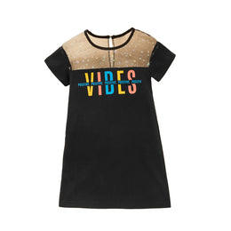Girls Black Typography Printed Fit & Flare Midi Dress