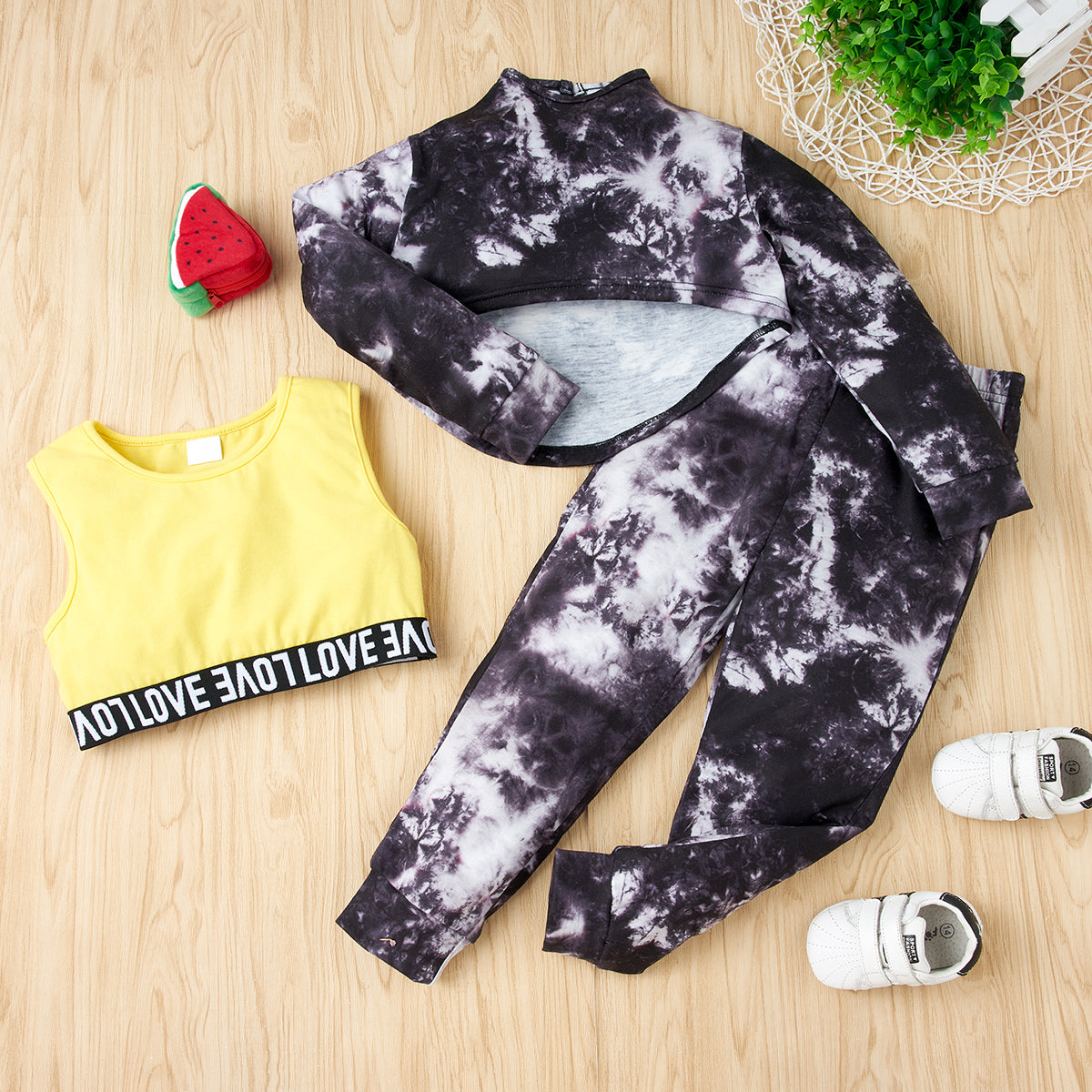 Girls Black & Yellow Dyed High Neck Top with Trousers