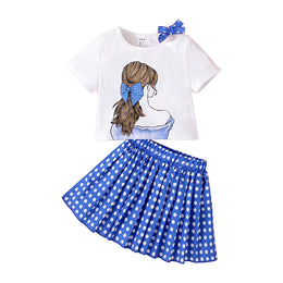Girls Blue & White Printed Top With Skirt