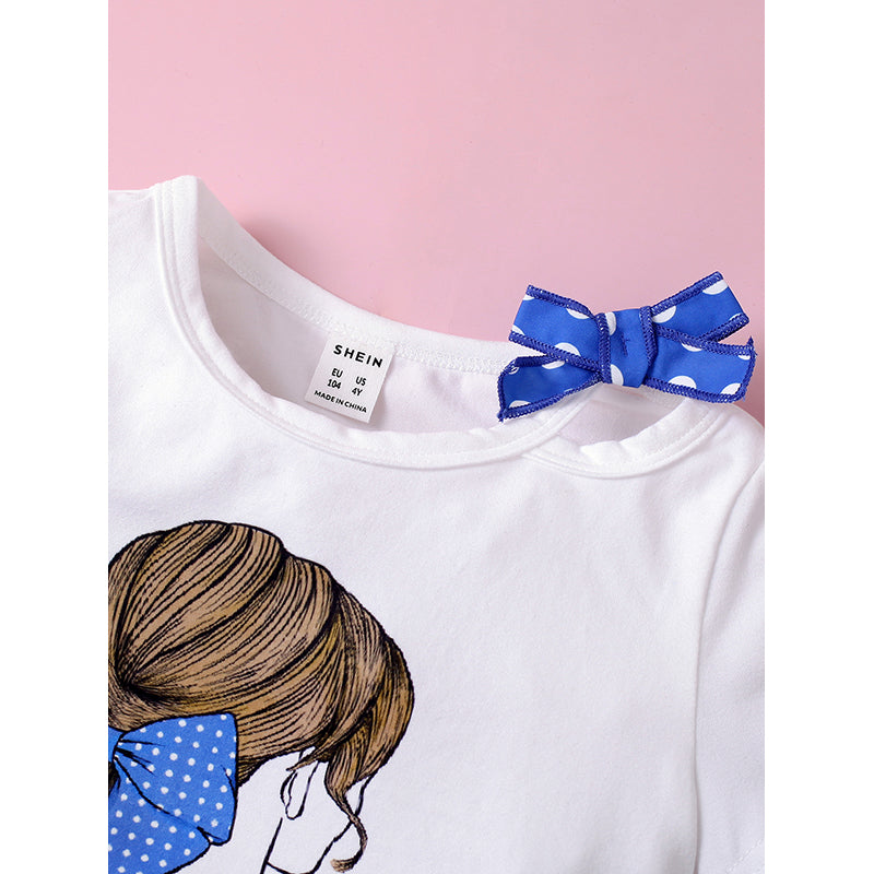 Girls Blue & White Printed Top With Skirt
