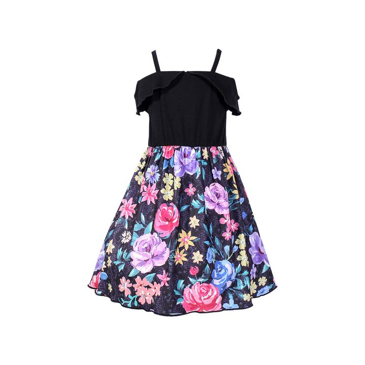 Girls Black & Blue Floral Printed Shoulder Straps Ruffled Fit & Flare Dress
