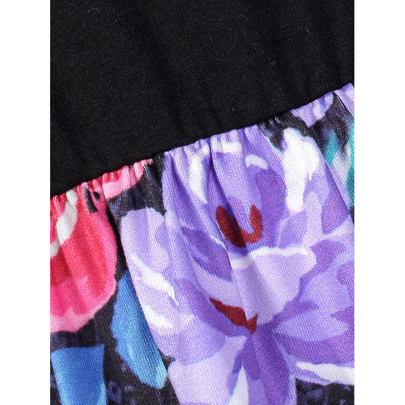 Girls Black & Blue Floral Printed Shoulder Straps Ruffled Fit & Flare Dress