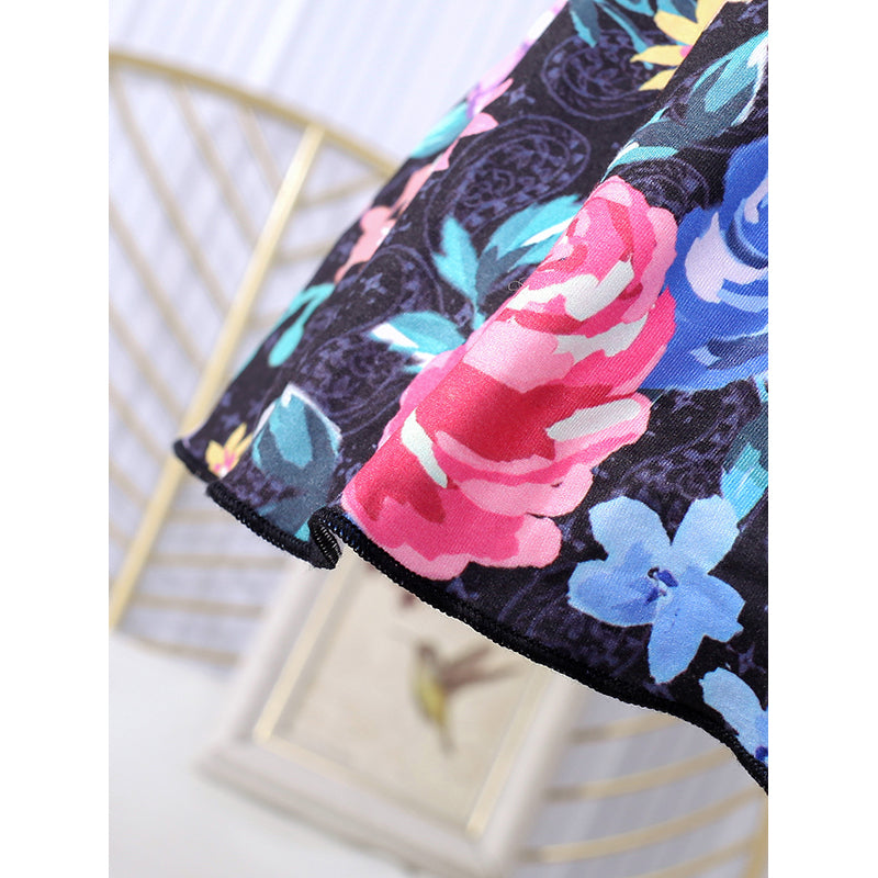 Girls Black & Blue Floral Printed Shoulder Straps Ruffled Fit & Flare Dress