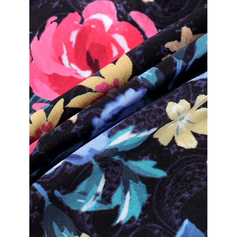 Girls Black & Blue Floral Printed Shoulder Straps Ruffled Fit & Flare Dress