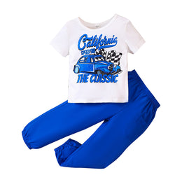 Boys White & Blue Printed T-shirt With Trousers