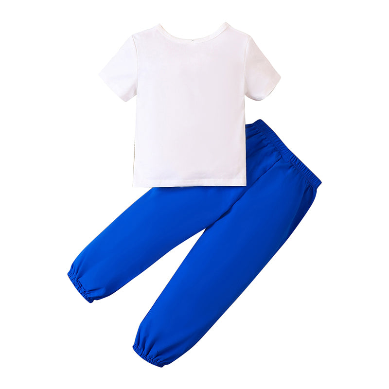 Boys White & Blue Printed T-shirt With Trousers