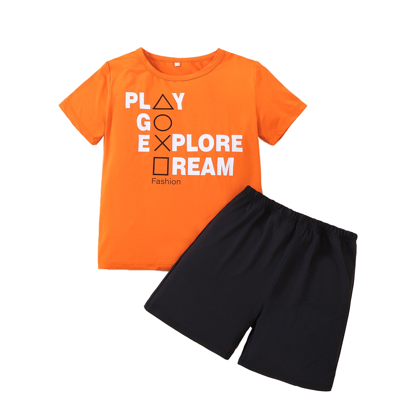 Boys Orange & Black Printed T-shirt With Shorts
