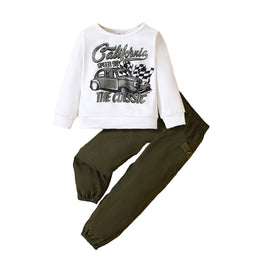 Boys White & Green Graphic Printed T-shirt with Trousers