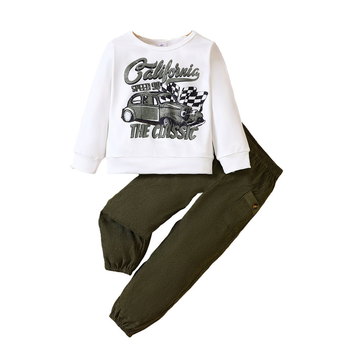 Boys White & Green Graphic Printed T-shirt with Trousers