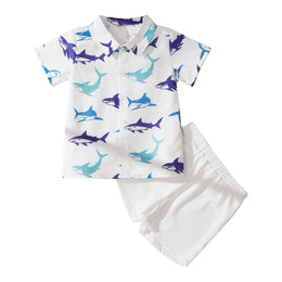 Boys White Printed Shirt with Shorts