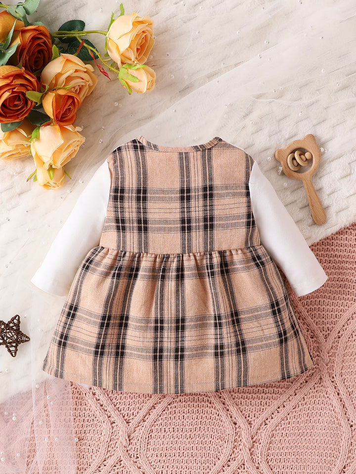 Infant Girls Khaki Checked Peter Pan Collar Fit & Flare Dress