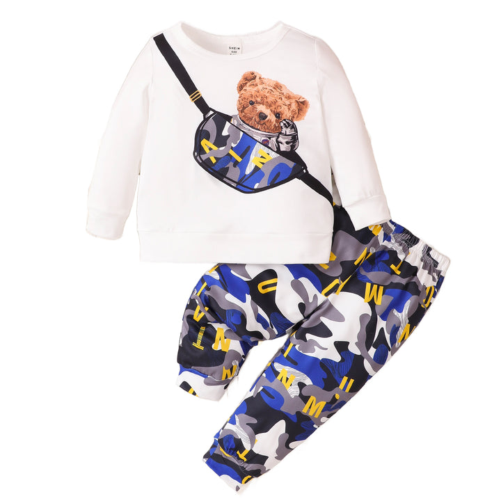 Boys White Printed Long Sleeves T-shirt with Joggers