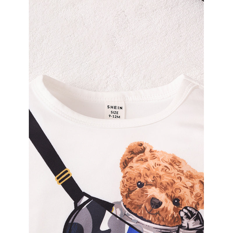 Boys White Printed Long Sleeves T-shirt with Joggers