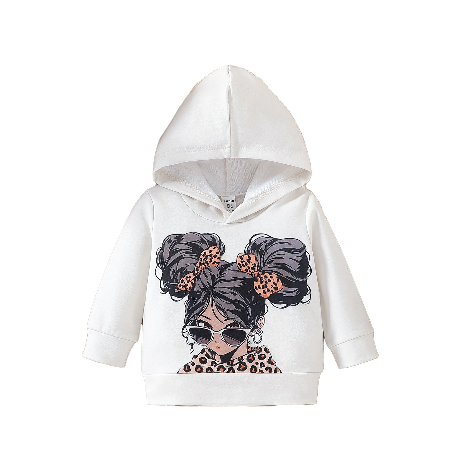 Girls White Graphic Printed Hooded Long Sleeves Pullover Sweatshirt