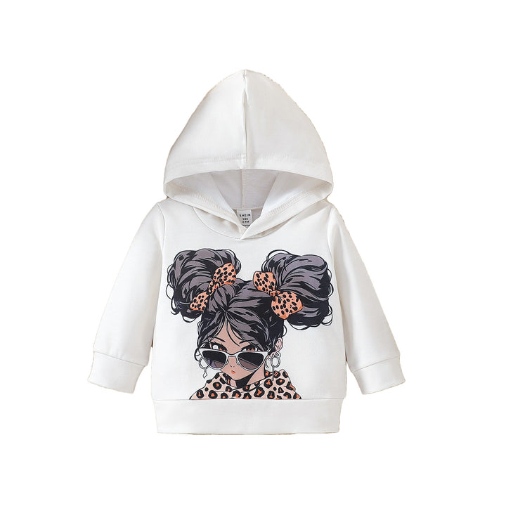 Girls White Graphic Printed Hooded Long Sleeves Pullover Sweatshirt