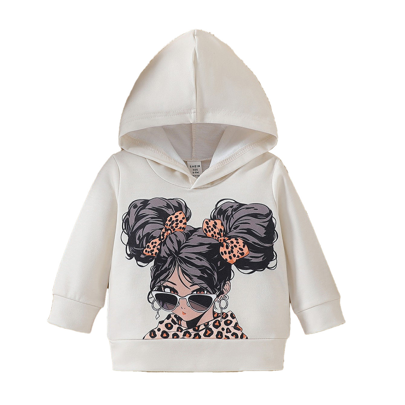 Girls Off White Graphic Printed Hooded Long Sleeves Pullover Sweatshirt
