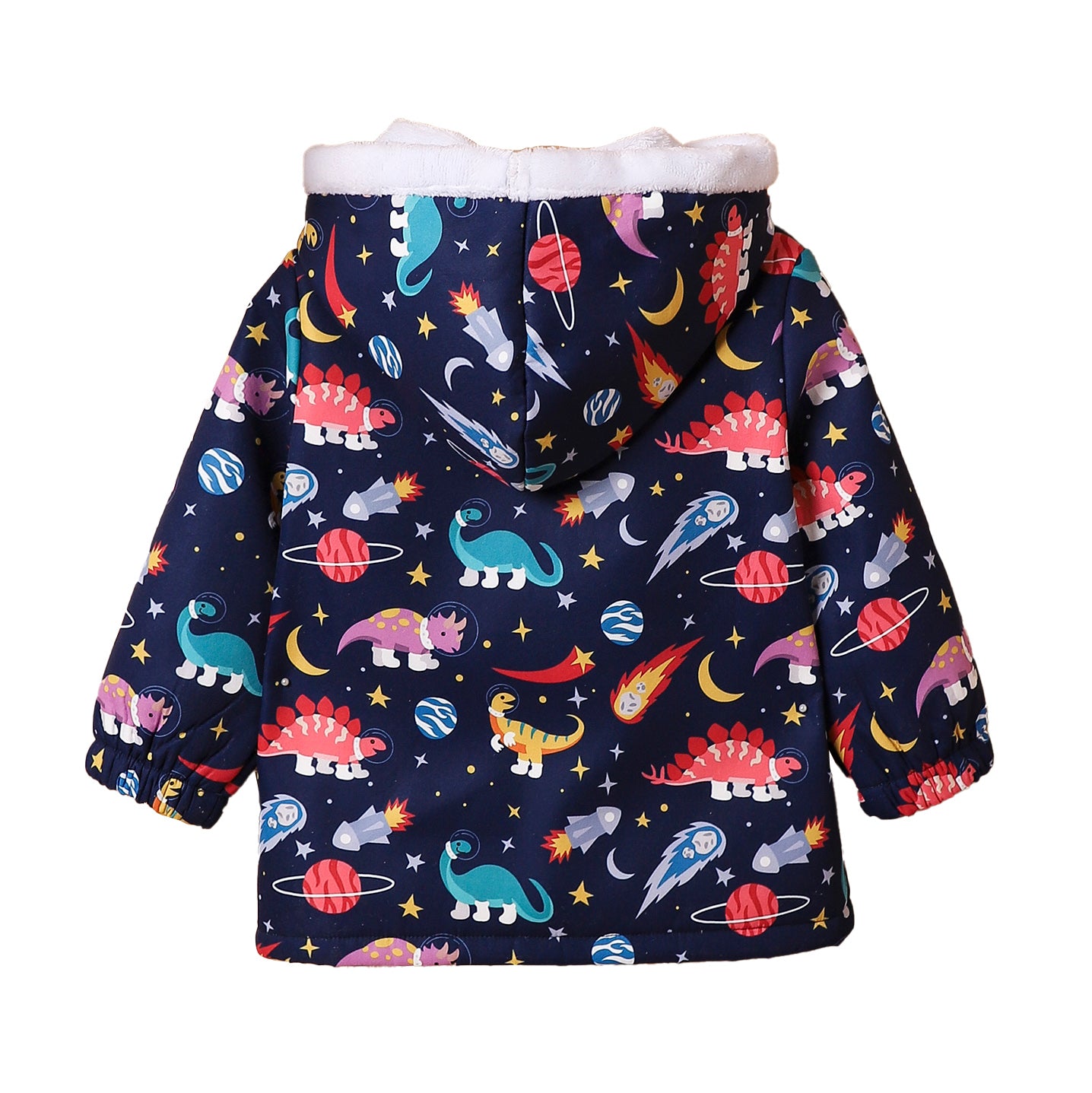 Boys Navy Blue Conversational Printed Hooded Bomber Jacket
