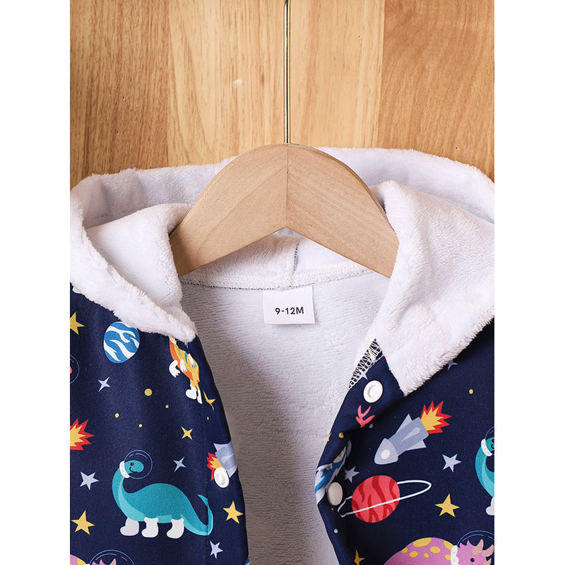 Boys Navy Blue Conversational Printed Hooded Bomber Jacket