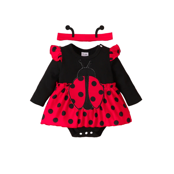 Girls Polka Dots Printed Ladybug Rompers with Headband