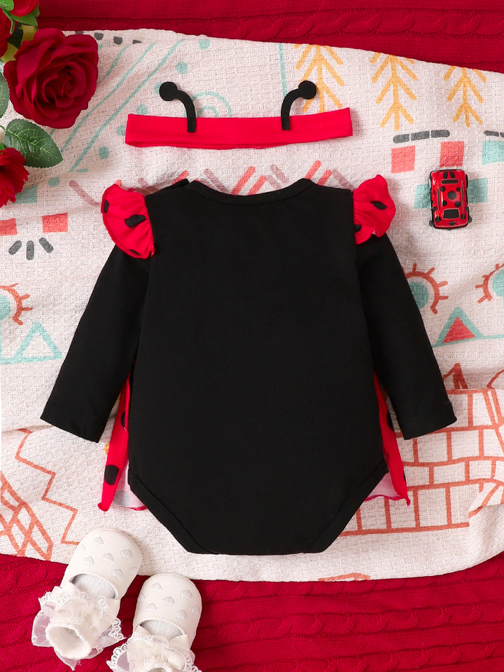 Girls Polka Dots Printed Ladybug Rompers with Headband