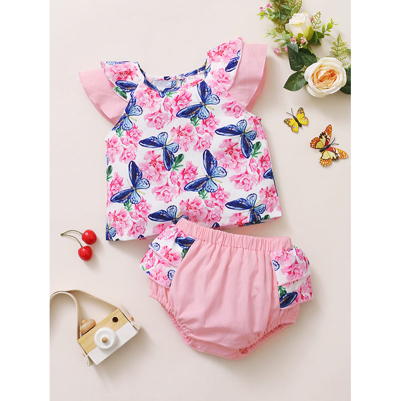 Infants Girls Pink & Blue Printed Top With Shorts