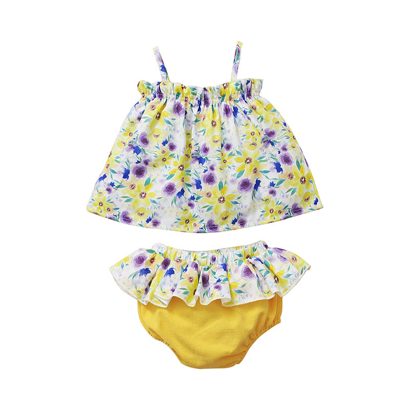 Girls Yellow Floral Printed Top with Shorts