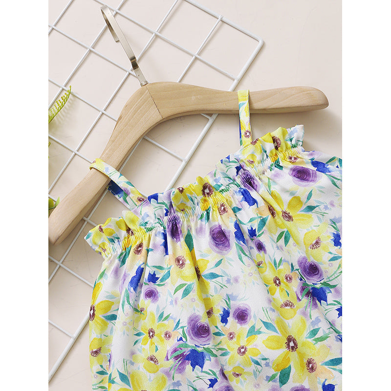 Girls Yellow Floral Printed Top with Shorts