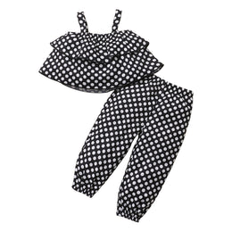 Infant Girls Black Polka Dots Printed Shoulder Straps Top with Trouser