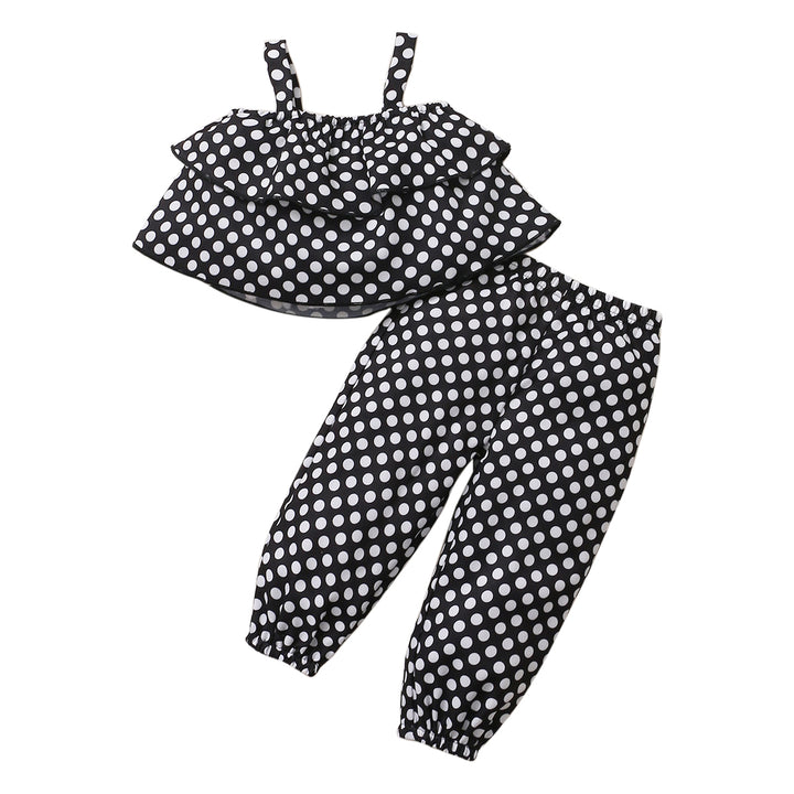 Infant Girls Black Polka Dots Printed Shoulder Straps Top with Trouser