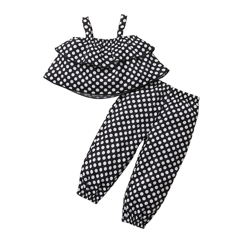 Infant Girls Black Polka Dots Printed Shoulder Straps Top with Trouser