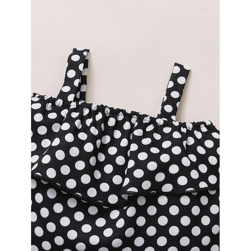 Infant Girls Black Polka Dots Printed Shoulder Straps Top with Trouser