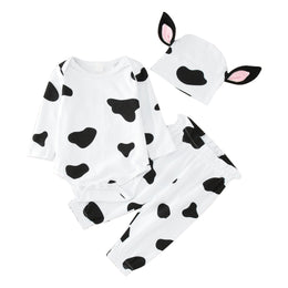 Boys White & Black Cow Printed Bodysuit With Jogger & Cap