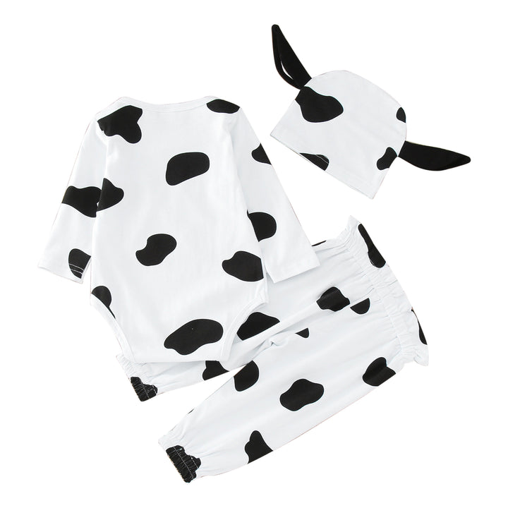 Boys White & Black Cow Printed Bodysuit With Jogger & Cap