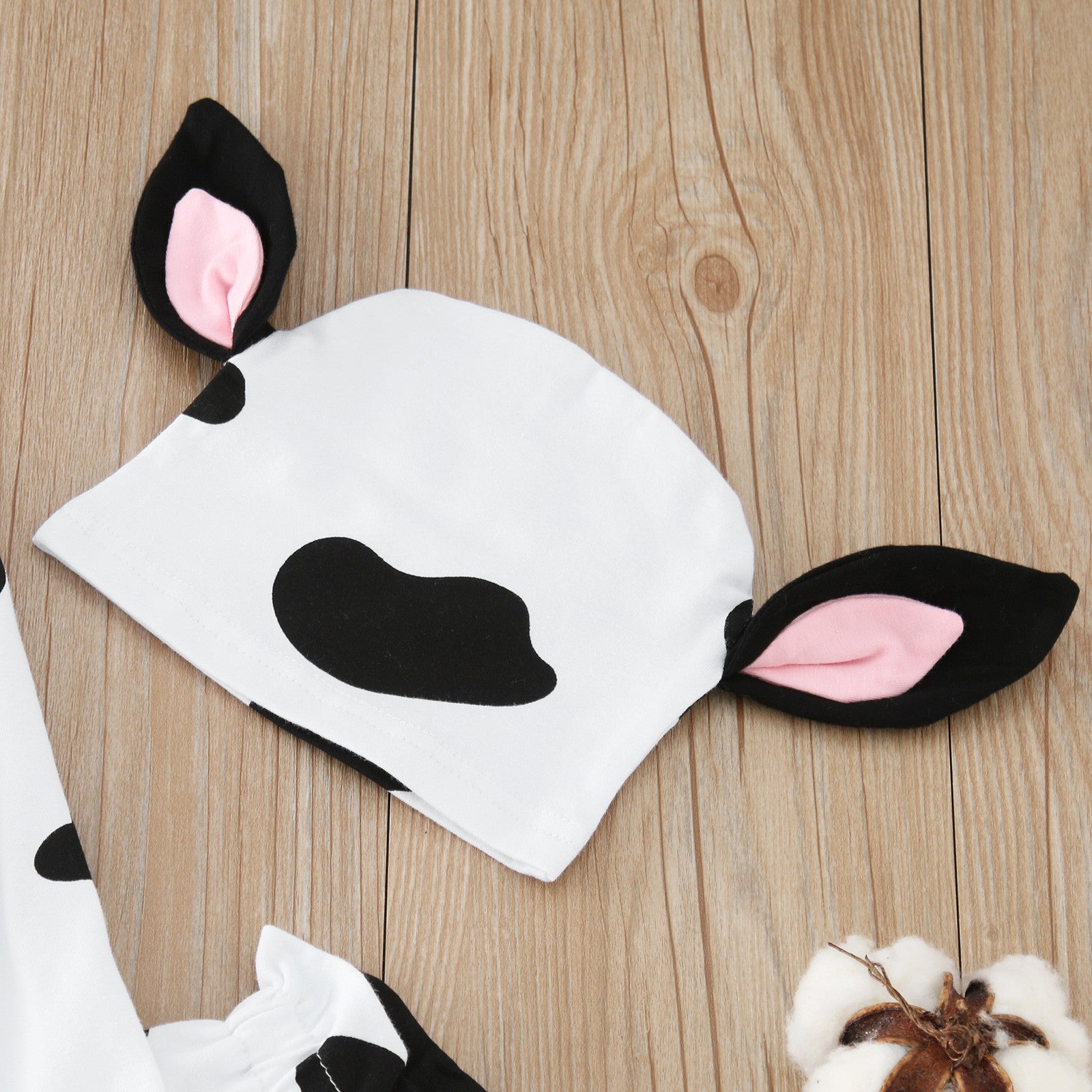 Boys White & Black Cow Printed Bodysuit With Jogger & Cap