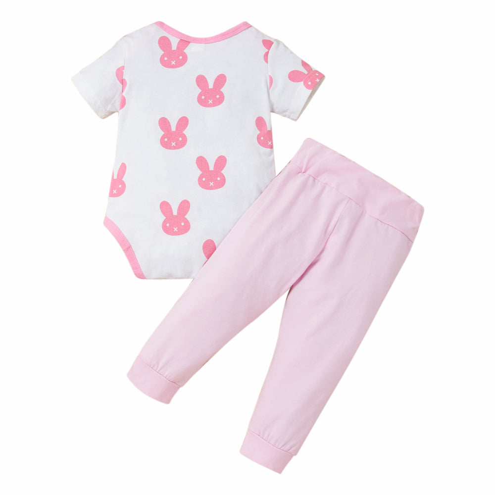 Girls Pink Printed Bodysuit with Pyjamas