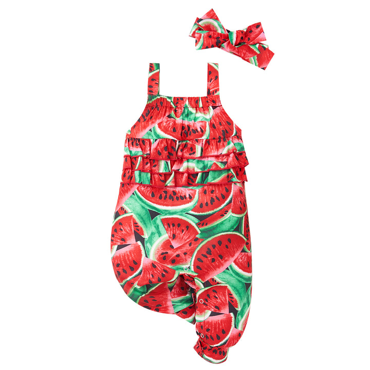 Girls Red Abstract Printed Ruffles Cotton Capri Jumpsuit