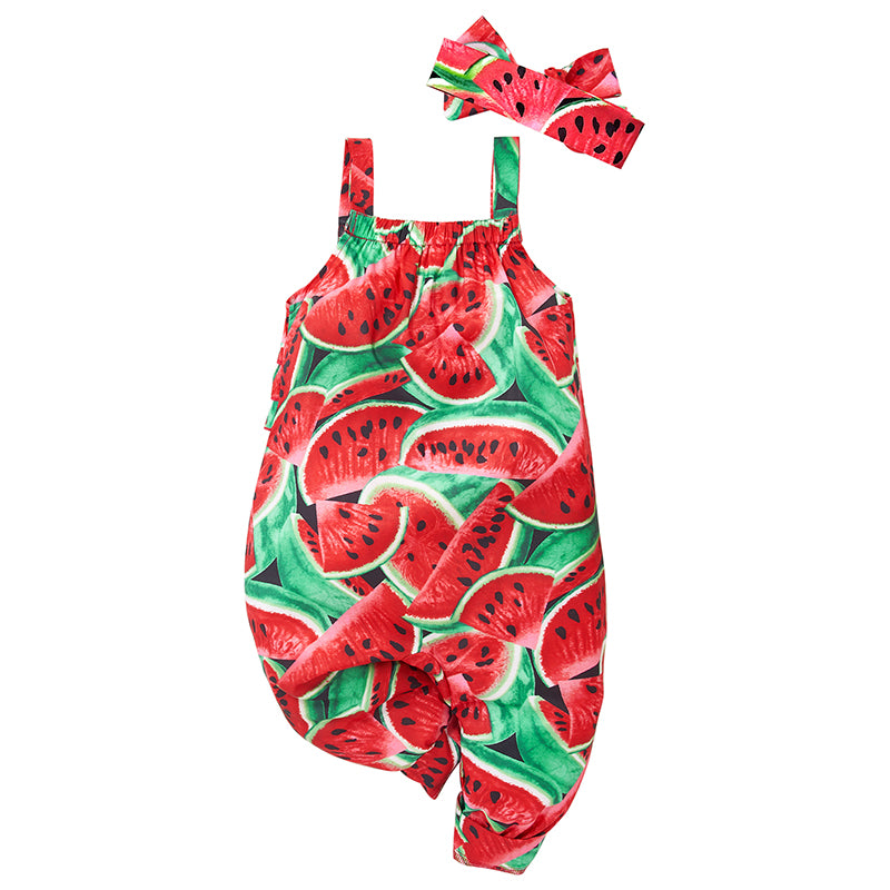 Girls Red Abstract Printed Ruffles Cotton Capri Jumpsuit