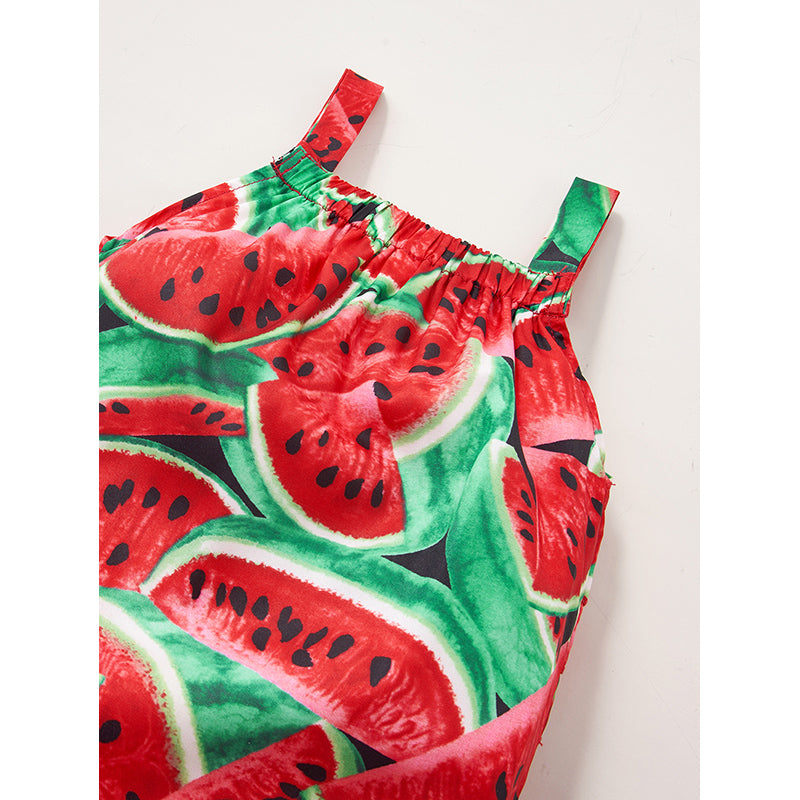 Girls Red Abstract Printed Ruffles Cotton Capri Jumpsuit