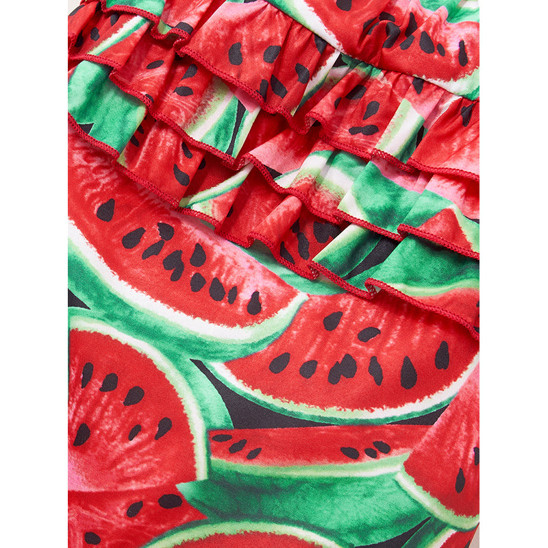 Girls Red Abstract Printed Ruffles Cotton Capri Jumpsuit